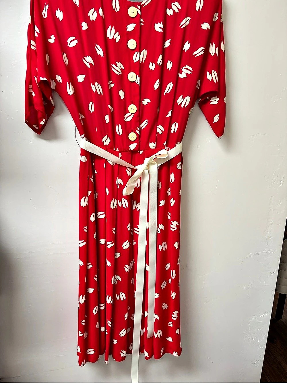1980’s Maggy London Red White Rayon Midi Dress Size 8